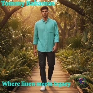 Tommy Bahama Men's M Linen Shirt‎ – Green Shadow Check, Side Pleats, 100% Linen